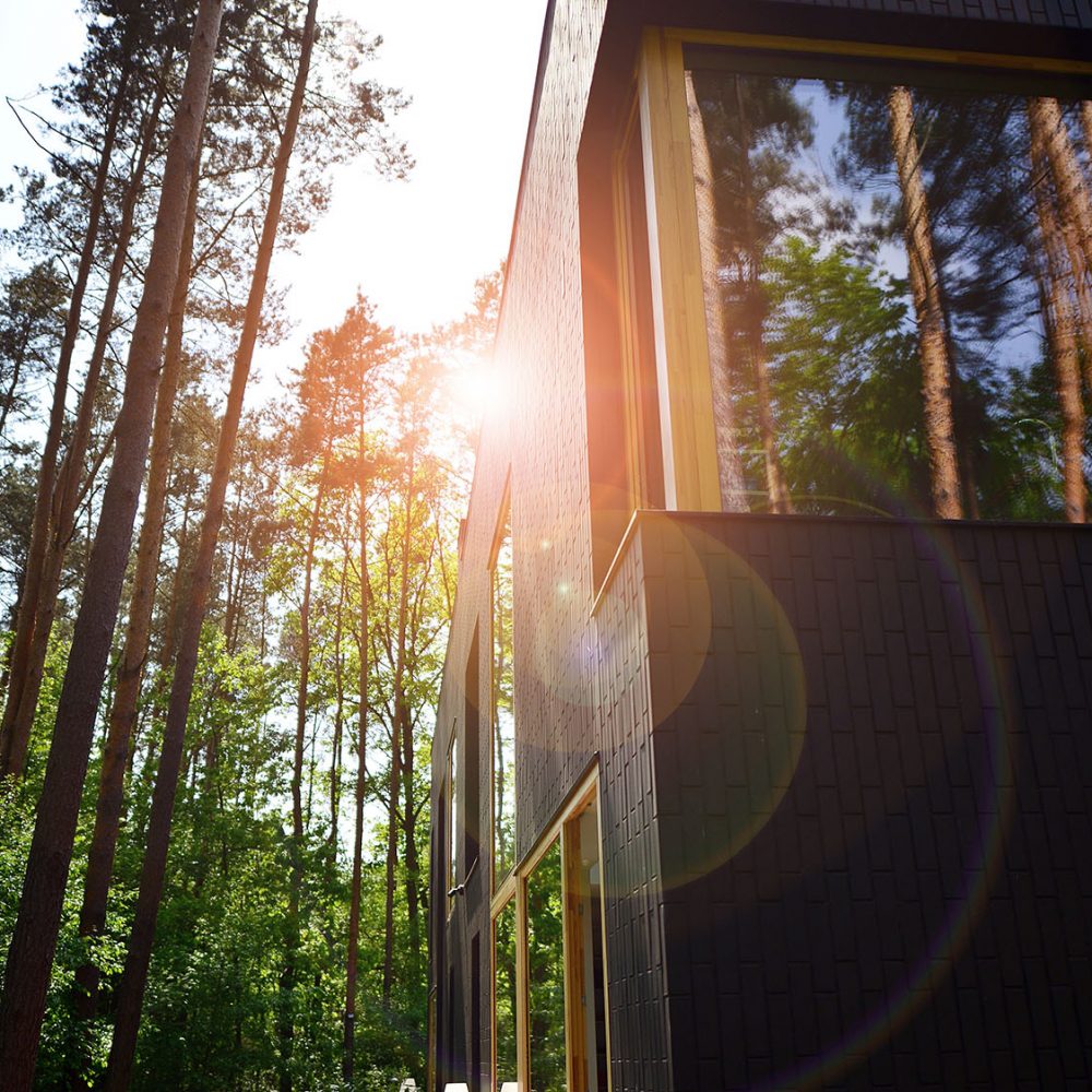 Upscale house in wooded area. Fragment of a single-family house facade.